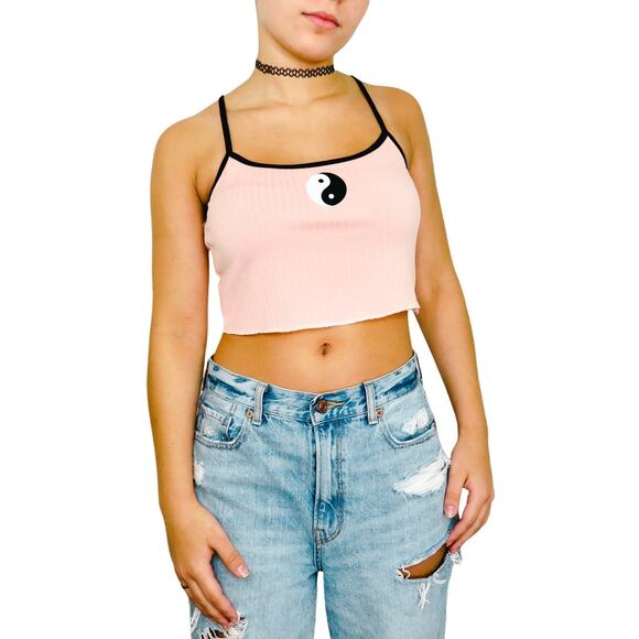Cider Cute Y2k Pastel Pink Ying Yang Ribbed Knit Cropped Tank Cami Medium - Picture 1 of 4